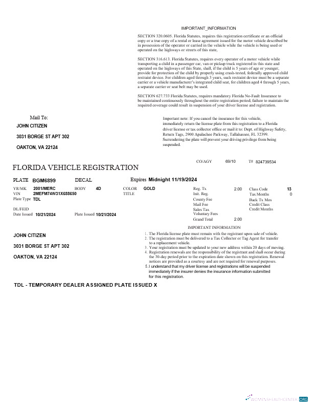 Download USA Florida vehicle registration template in Word and PDF formats Photoshop template